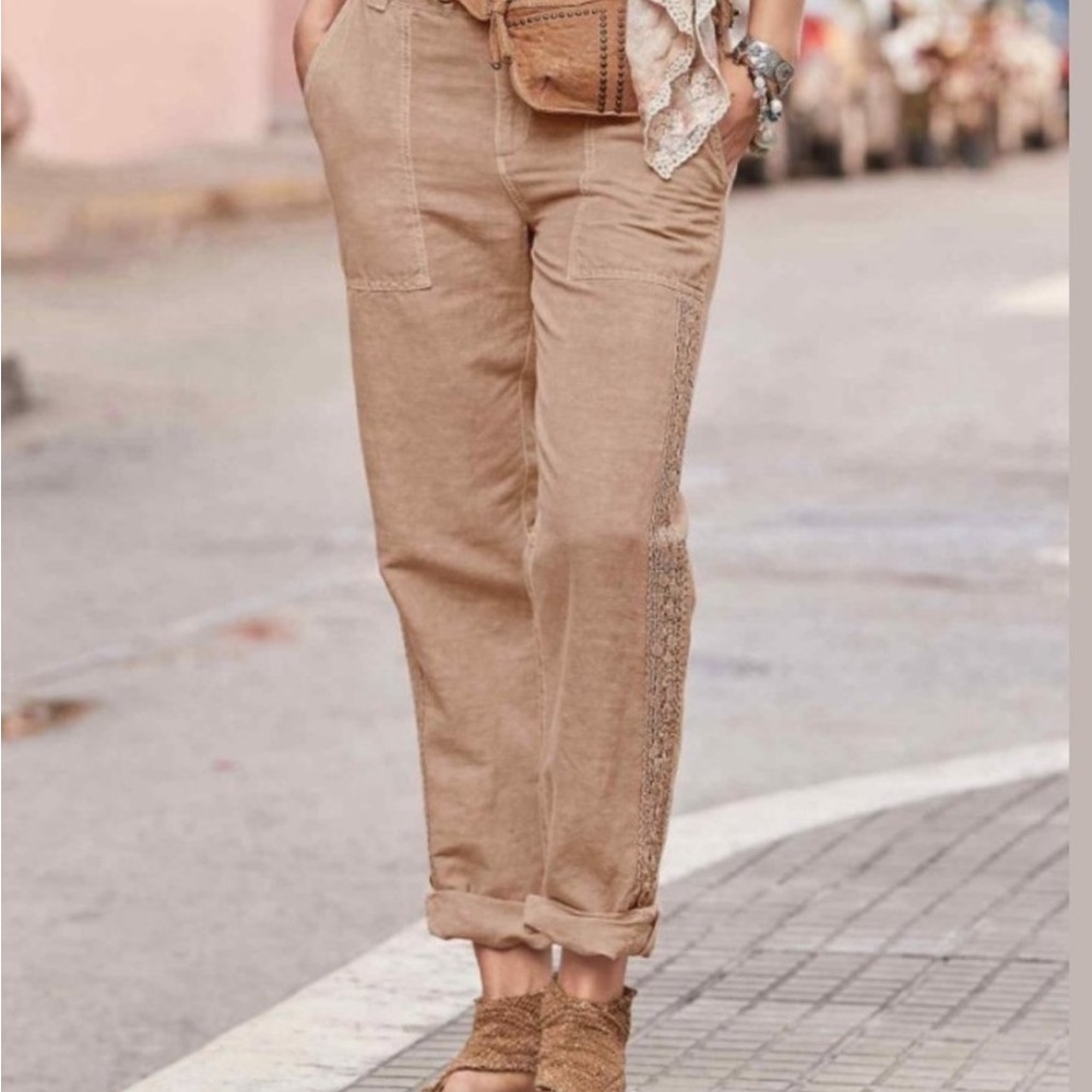 Sundance Organa Beige Linen Pants with Lace Detail, size 14, NWT
